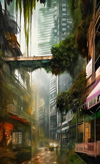 La ville abandonnée vide est envahie de plantes Illustration