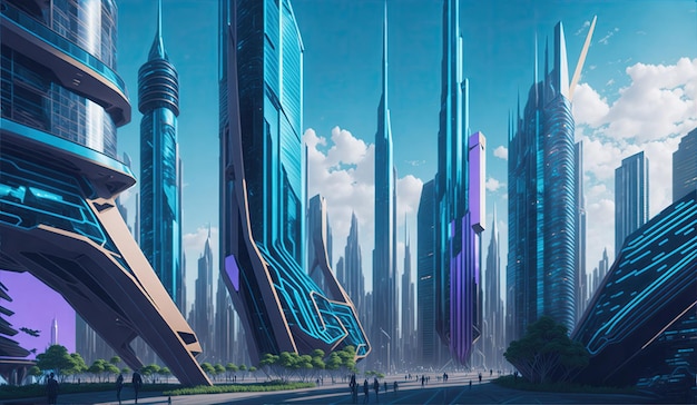 Une ville d'affaires futuriste avec des gratte-ciel imposants et des systèmes de transport avancés