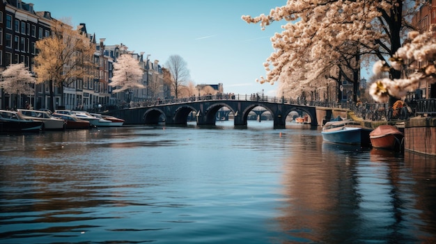 La ville d'amsterdam sur un canal avec des maisons sur la rivière