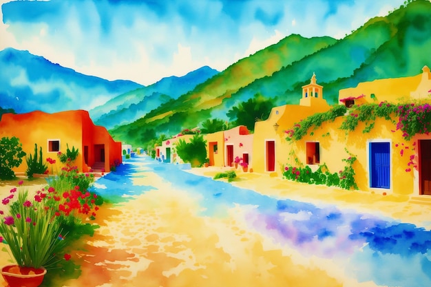 Une ville aquarelle Délices mexicains enchanteurs Peinture à l'aquarelle d'une ville animée AI générative