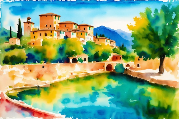 Une ville d'aquarelle Italie Espagne France Peinture à l'aquarelle d'une ville méditerranéenne sereine AI générative