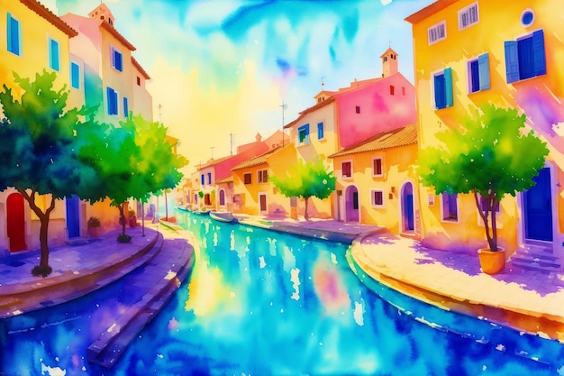 Une ville aquarelleParadis méditerranéen Peinture à l'aquarelle d'une charmante ville grecque Generative AI