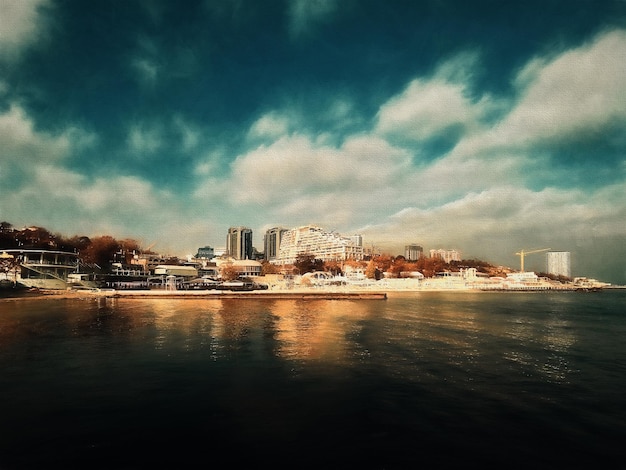 Ville au bord de la mer ciel bleu et nuages blancs Illustration