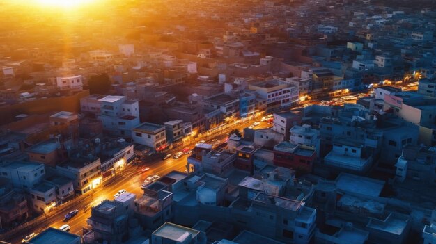 une ville au coucher du soleil depuis le haut d'un immeuble.