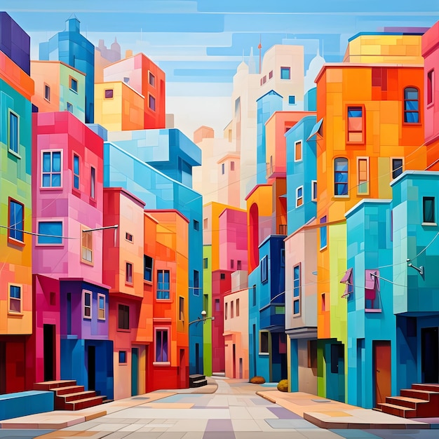 ville avec des bâtiments aux couleurs vives IA générative