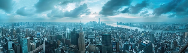 Une ville avec des bâtiments sous un ciel nuageux