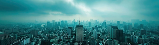 Une ville avec des bâtiments sous un ciel nuageux