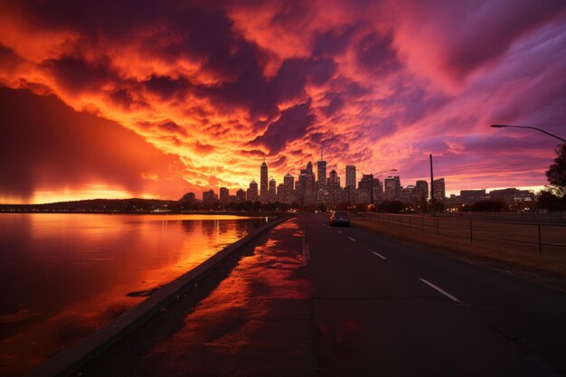 La ville brûlait et le ciel devenait sombre. Photographie professionnelle.