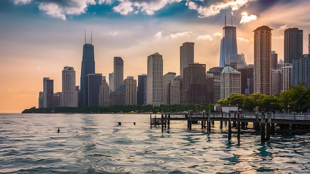 La ville de Chicago, le centre-ville, les gratte-ciel et le lac Michigan, le paysage urbain de l'Illinois, aux États-Unis.