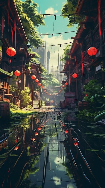 Une ville chinoise avec une rue en arrière-plan