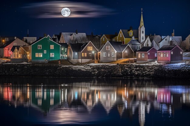 Une ville colorée la nuit avec la lune dans le ciel