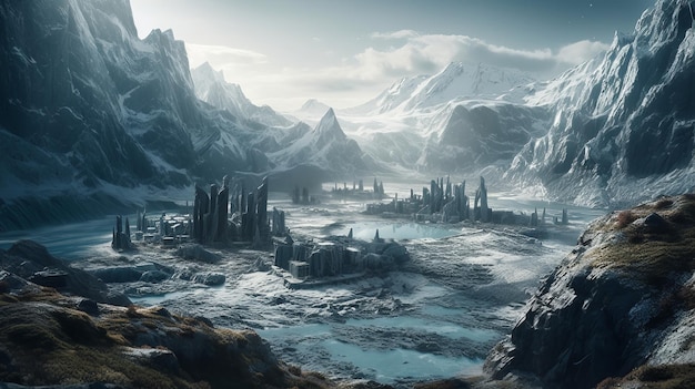 Une ville construite dans un glacier qui fond lentement IA générée