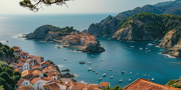 Ville côtière idyllique surplombant une baie sereine idéale pour les voyages et les cartes postales de style méditerranéen AI