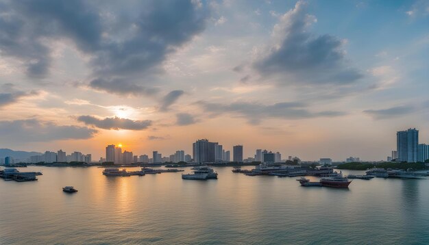 Photo une ville avec un coucher de soleil en arrière-plan