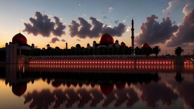 Une ville avec un coucher de soleil et une mosquée au premier plan