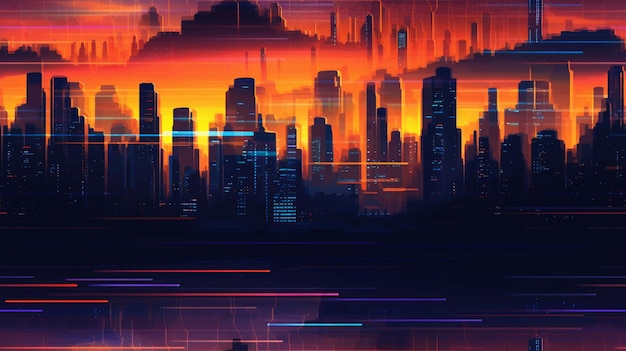 Une ville avec un coucher de soleil et les mots cyberpunk sur le dessus.