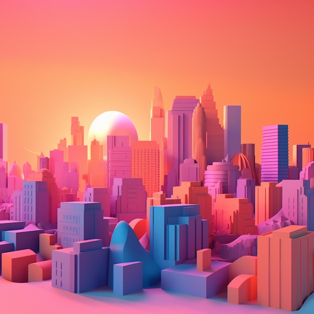 Ville avec coucher de soleil en vue isométrique dans la palette de couleurs tendance pour la publicité avec l'IA générative