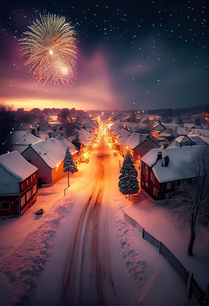 Ville couverte de neige avec un feu d'artifice dans le ciel ai générative