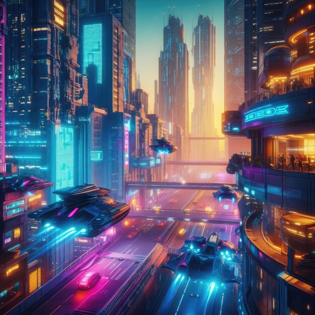 La ville cyberpunk du futur, les lumières au néon, les voitures inhabituelles, la ville de la nuit, les voitures volantes.