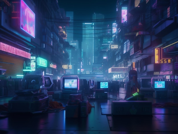 Une ville cyberpunk avec des enseignes au néon en arrière-plan.