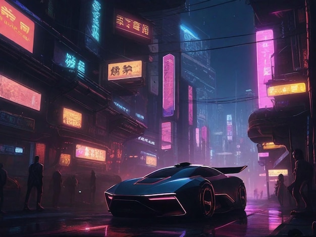 une ville cyberpunk la nuit avec de la lumière au néon