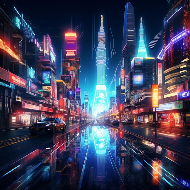 Une ville cyberpunk pleine d'hologrammes au néon et de véhicules volants au milieu d'imposants gratte-ciel