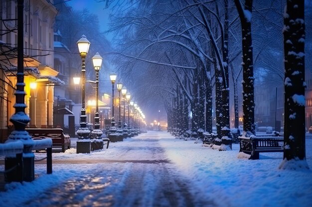 La ville dans la neige Les rues tranquilles Baignées dans la chaleur de la lumière urbaine