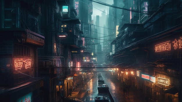 Une ville dans la nuit avec un panneau qui dit "cyberpunk"