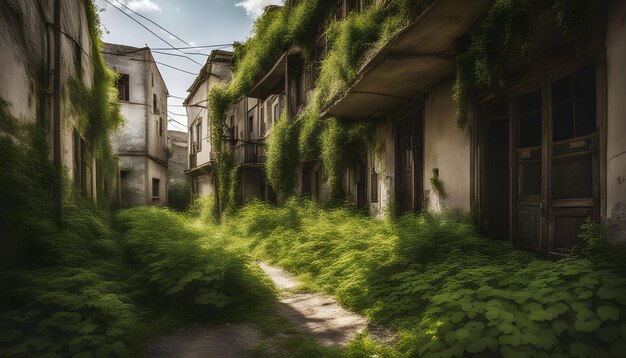 Une ville déserte avec des bâtiments abandonnés et des plantes envahis.