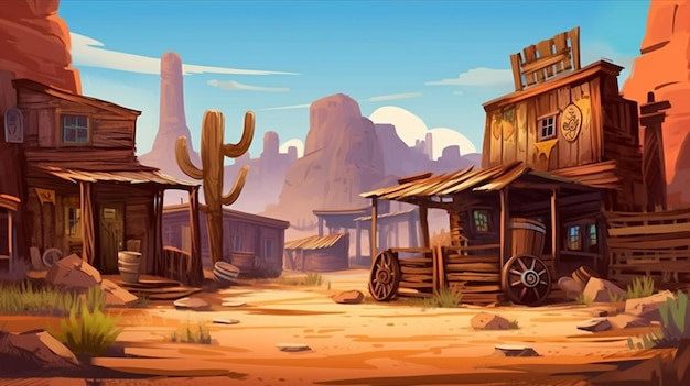 Une ville de dessin animé de l'ouest avec un cactus et un chariot génératif ai