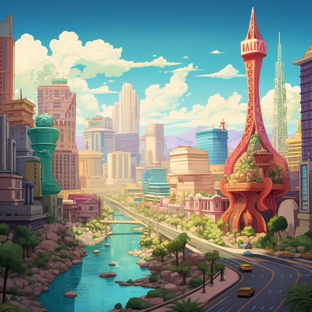 ville de dessin animé avec une rivière et une tour de l'horloge au milieu ai générative