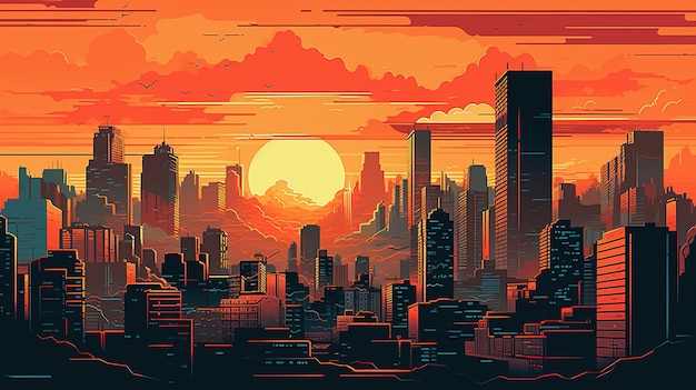 Une ville dessinée avec un coucher de soleil et le soleil derrière