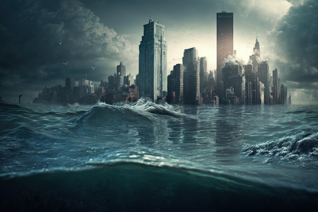 Ville détruite et inondée par l'eau de mer concept d'apocalypse fin du monde AI générative