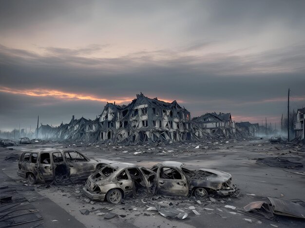 Photo une ville détruite avec des voitures cassées et des bâtiments en ruine.