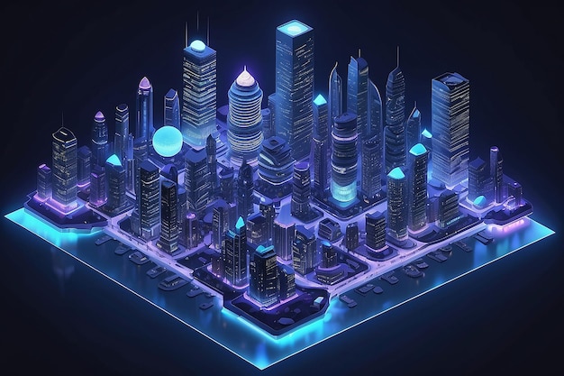 La ville du futur est futuriste avec des gratte-ciel, des lanternes, des rues et des maisons en 3D.