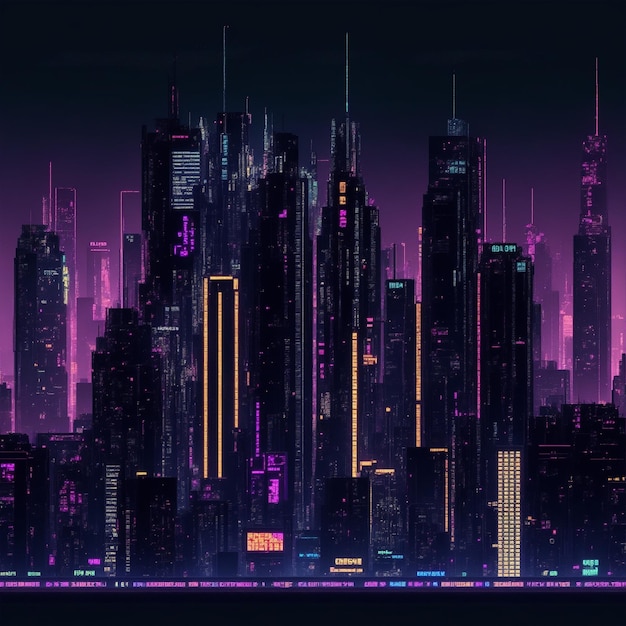 Photo la ville du futur avec de hauts bâtiments avec de l'éclairage au néon la nuit des voitures volantes
