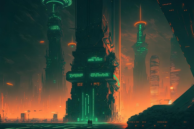 La ville du futur illuminée par des néons orange et vert Un paysage nocturne futuriste avec des bâtiments