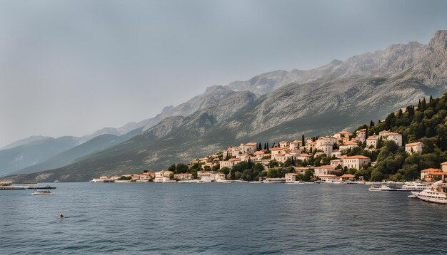 Photo une ville sur l'eau avec des montagnes en arrière-plan