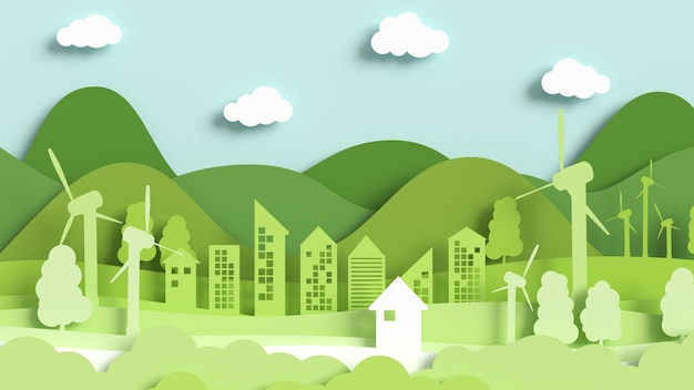 Ville écologique découpée en papier illustration 3D dans un style plat