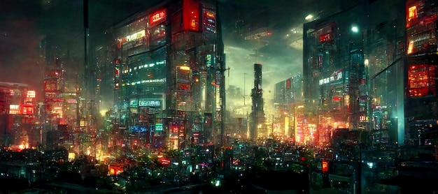 Une ville avec une enseigne au néon qui dit cyberpunk dessus