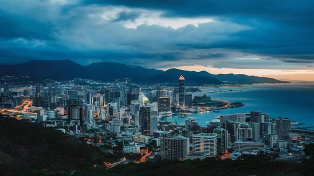 Une ville entourée de montagnes et d'une mer couverte de lumières sous un ciel nuageux le soir.