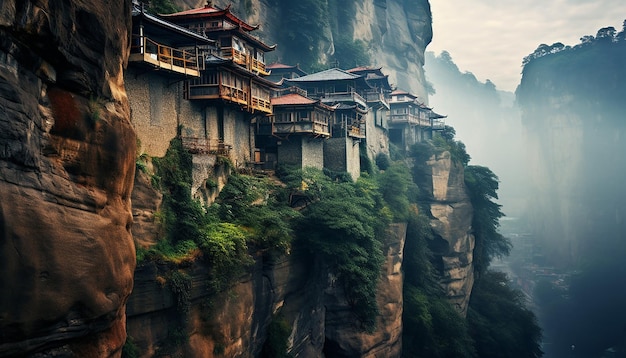 Une ville est construite au bord d'une falaise et les maisons sont inclinées mais les Chinois vivent dans