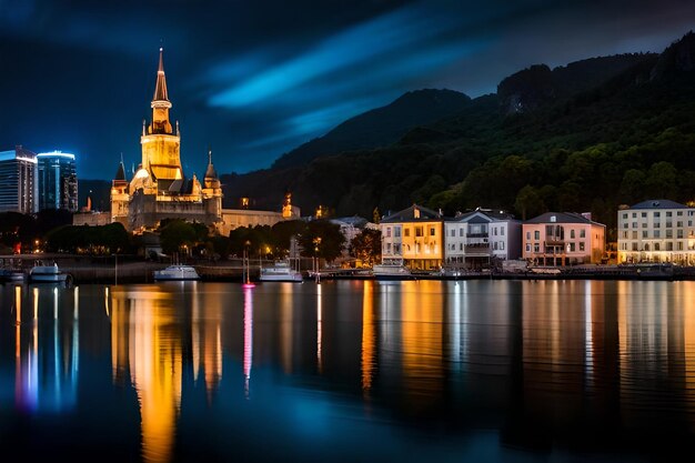 Une ville est éclairée la nuit avec des bateaux sur l'eau.