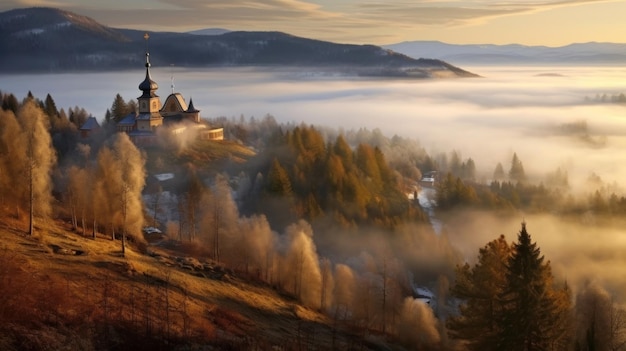 Une ville est entourée de brouillard et le soleil brille à travers les nuages.