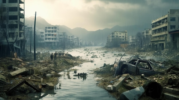 Une ville est entourée d'une rivière et la ville est entourée de débris.