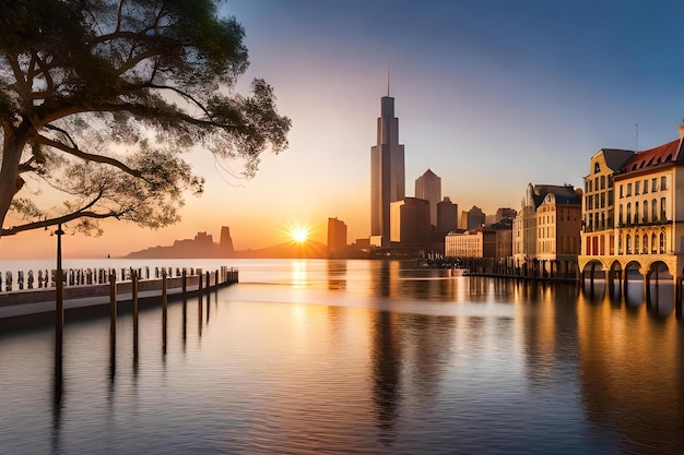 Une ville est l'horizon de Chicago au coucher du soleil.