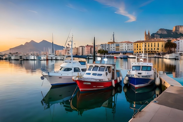 une ville est un port avec des bateaux sur l'eau.