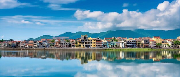 une ville est reflétée dans l'eau avec des montagnes en arrière-plan