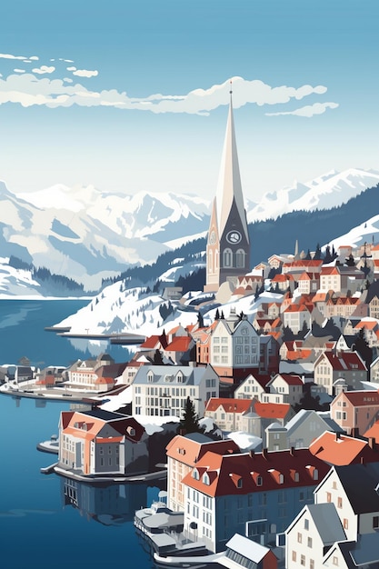 une ville est située dans les montagnes, entourée de neige et de montagnes.
