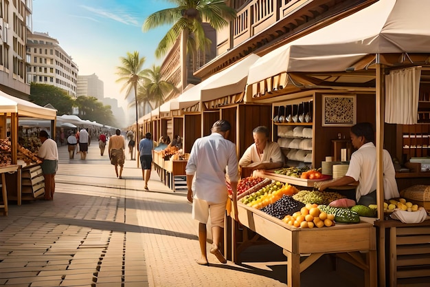 Photo une ville est une ville et un marché avec un homme qui vend des fruits et des légumes.